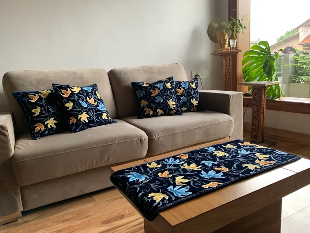 Velvet Table Runner and 4 Cushion Covers Set Navy Blue with Chinar Embroidery