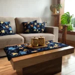 Velvet Table Runner and 4 Cushion Covers Set Navy Blue with Chinar Embroidery
