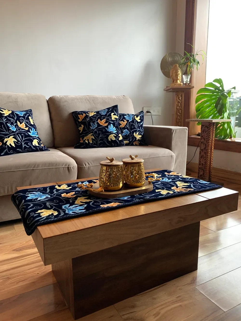 Velvet Table Runner and 4 Cushion Covers Set Navy Blue with Chinar Embroidery