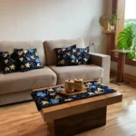 Velvet Table Runner and 4 Cushion Covers Set Navy Blue with Chinar Embroidery