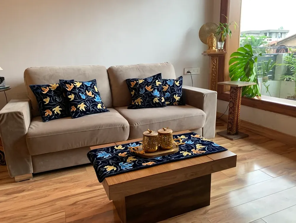 Velvet Table Runner and 4 Cushion Covers Set Navy Blue with Chinar Embroidery