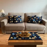 Velvet Table Runner and 4 Cushion Covers Set Navy Blue with Chinar Embroidery