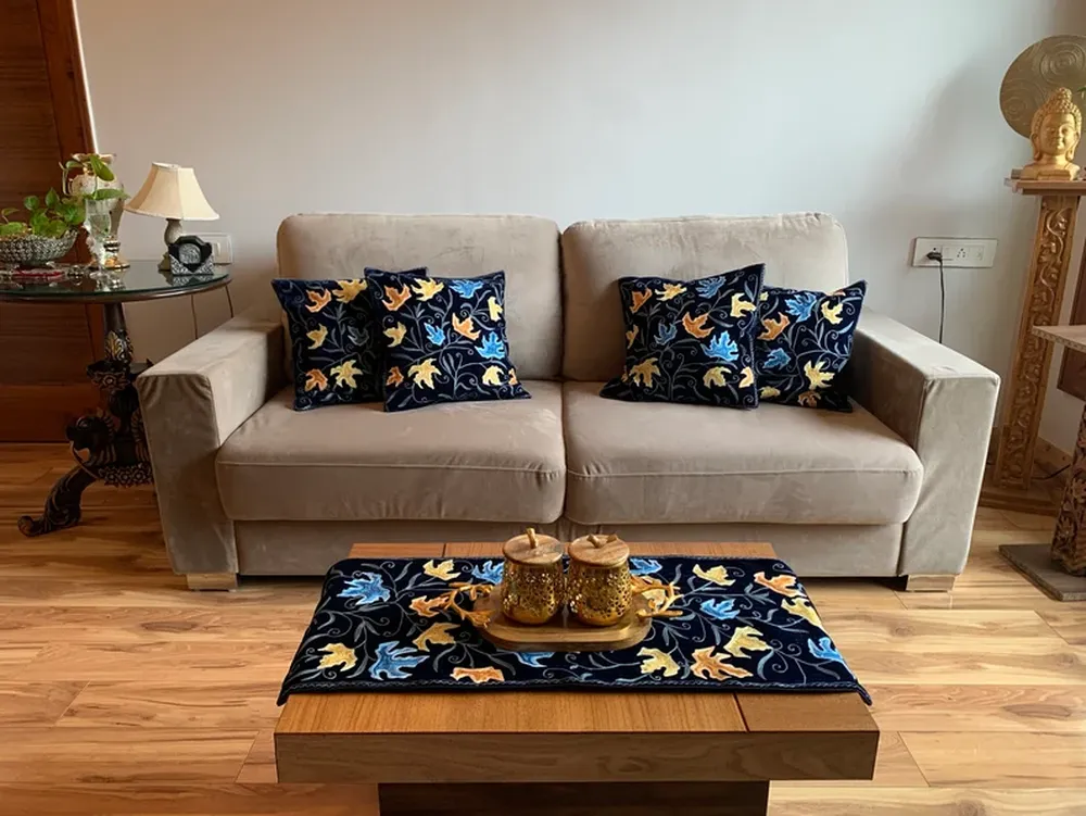 Velvet Table Runner and 4 Cushion Covers Set Navy Blue with Chinar Embroidery