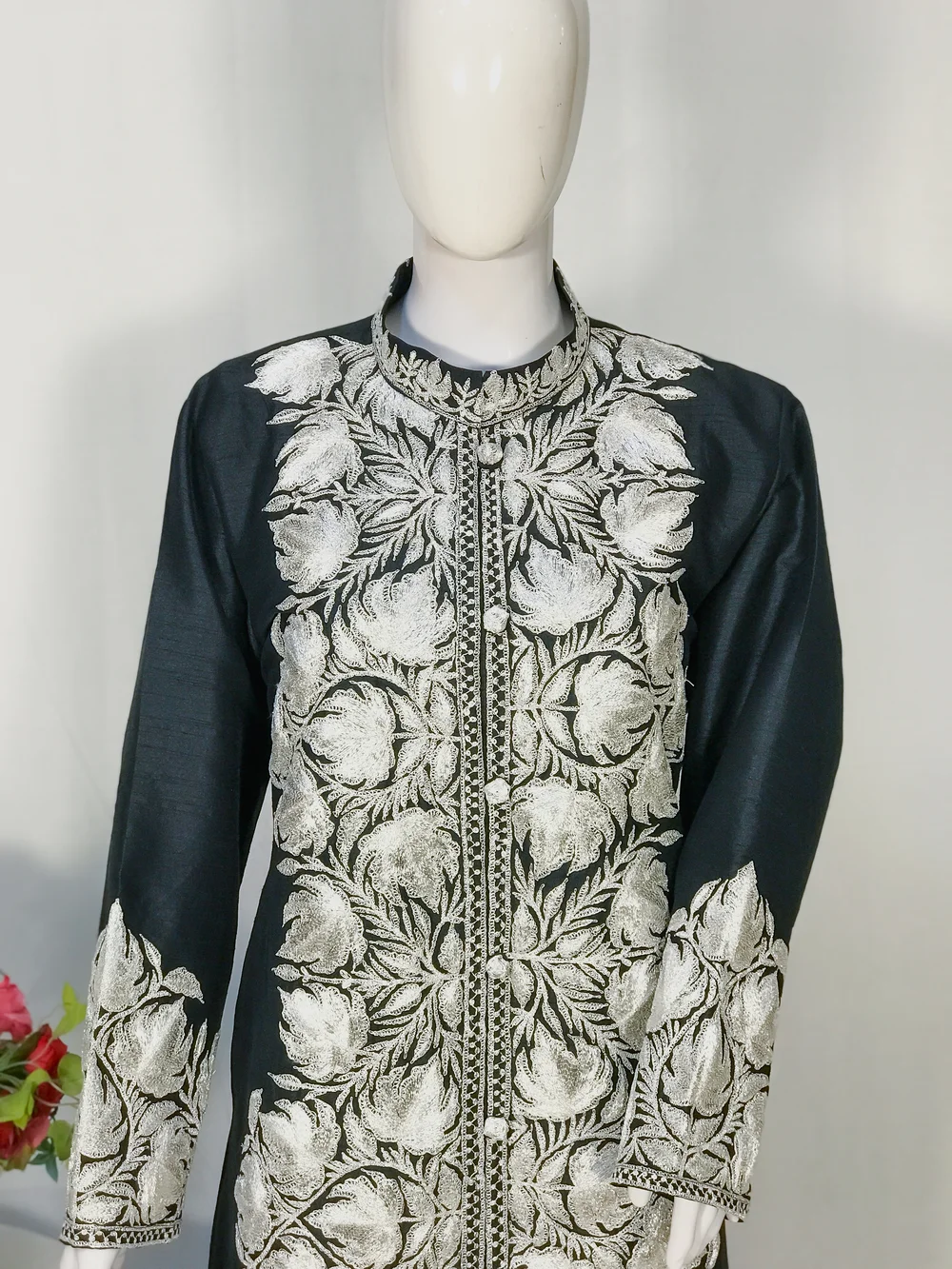 Black Jacket with Silver Puff Embroidery front Black Jacket with Silver Puff Embroidery front