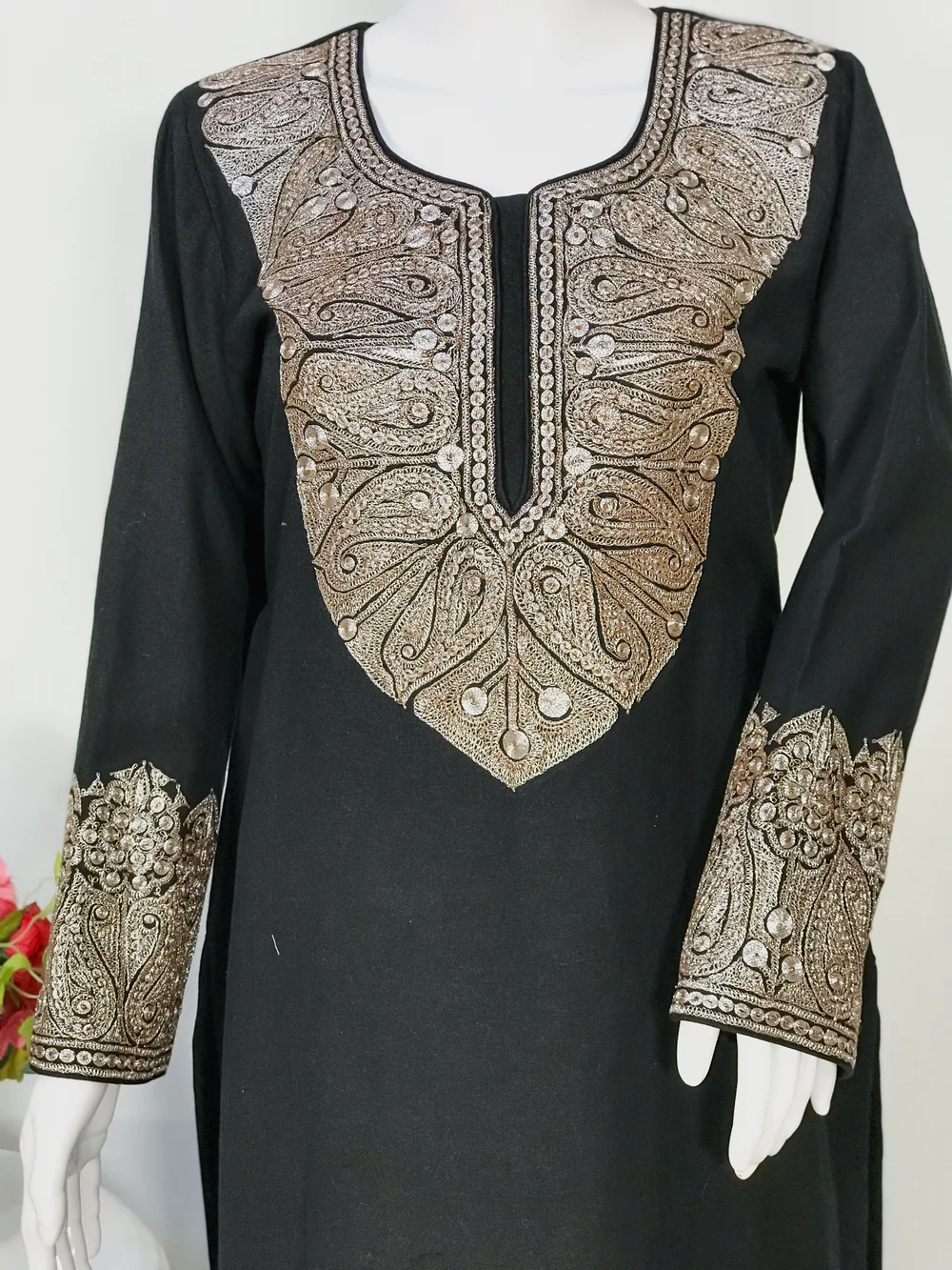 Kashmiri Black Kurta with Puff Tilla Embroidery front Kashmiri Black Kurta with Puff Tilla Embroidery front
