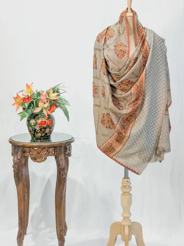 Beige Soft Fine Wool Shawl with Sozni Machine Embroidery