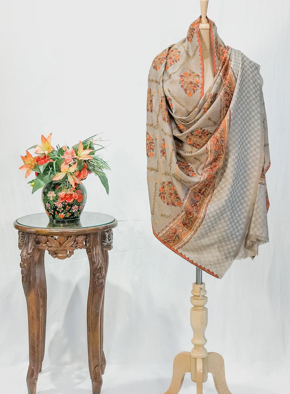 Beige Soft Fine Wool Shawl with Sozni Machine Embroidery
