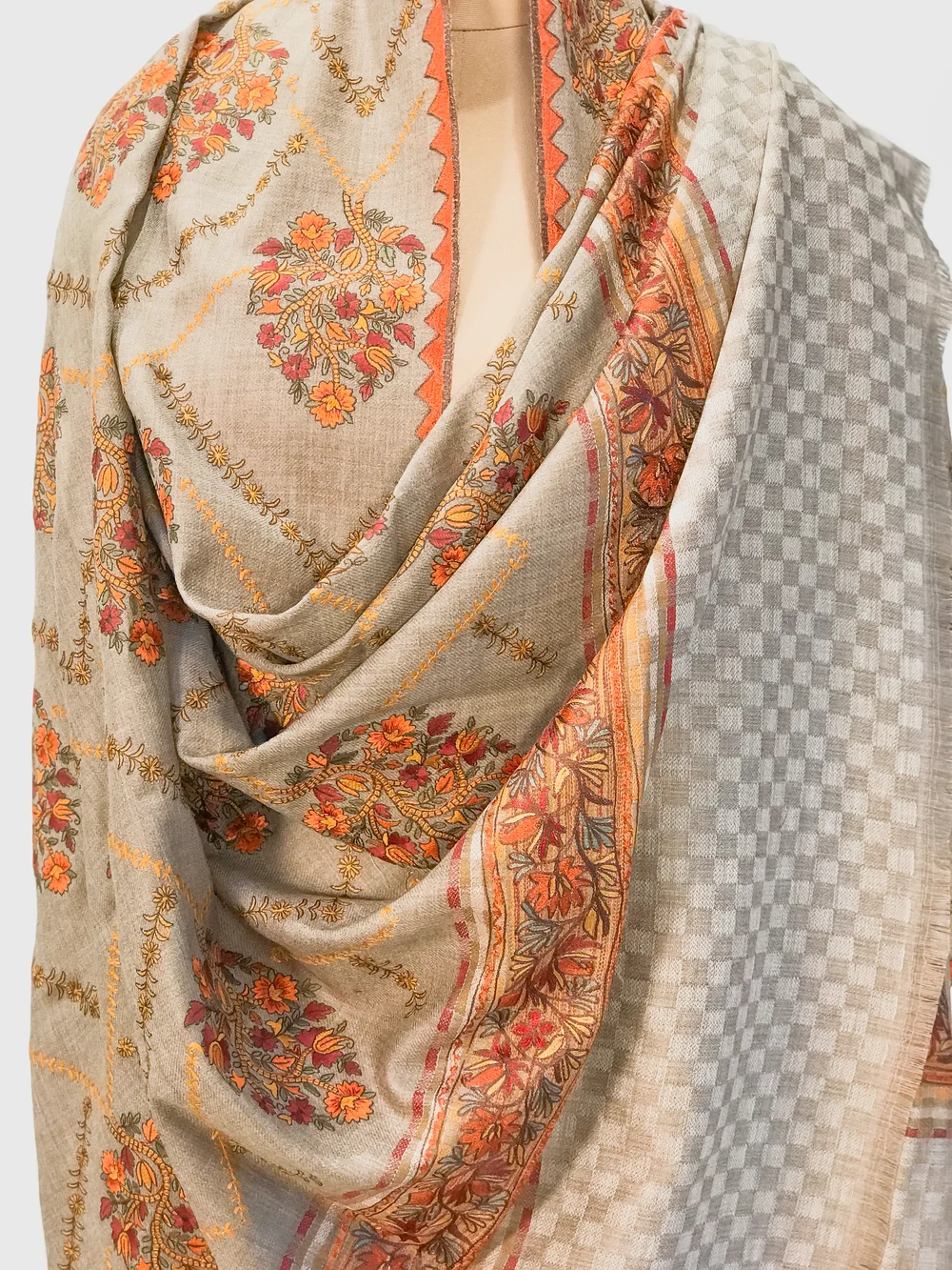 Beige Soft Fine Wool Shawl with Sozni Machine Embroidery front