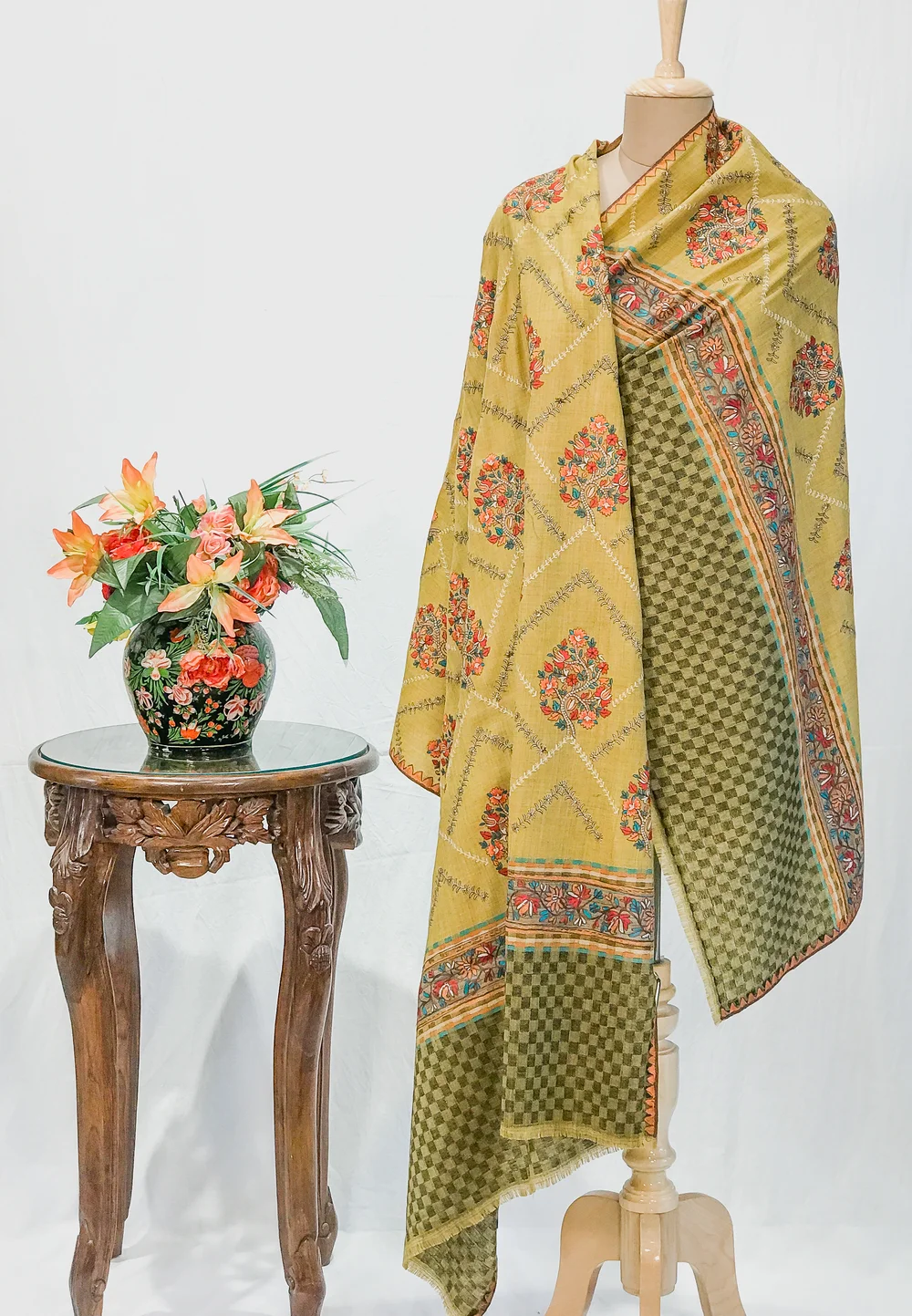 Mustard Soft Fine Wool Shawl with Sozni Machine Embroidery
