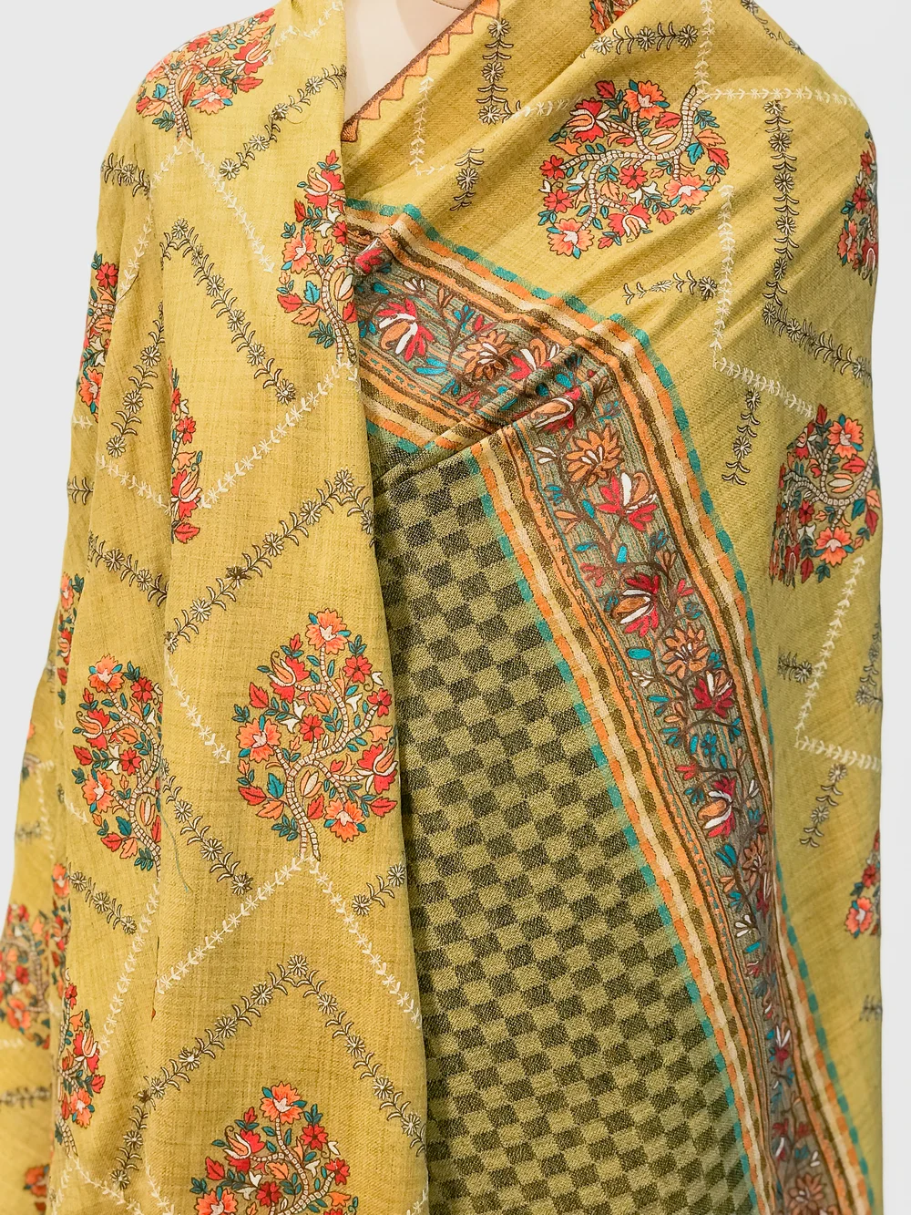 Mustard Soft Fine Wool Shawl with Sozni Machine Embroidery front