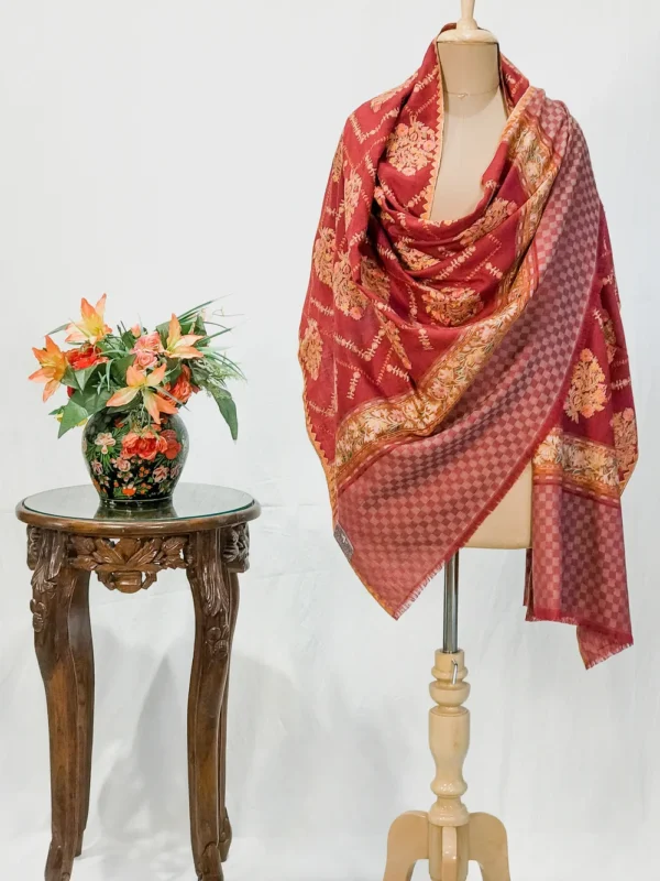 Maroon Soft Fine Wool Shawl with Sozni Machine Embroidery