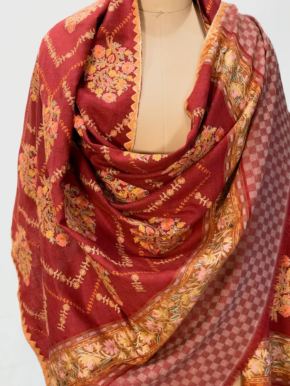 Maroon Soft Fine Wool Shawl with Sozni Machine Embroidery front