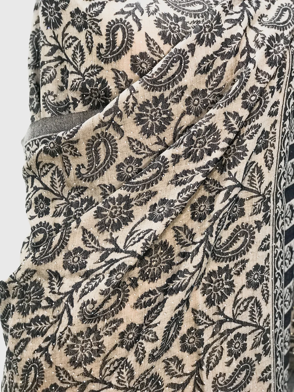 Natural Soft Fine Wool Stole With Black Kani Weaves front