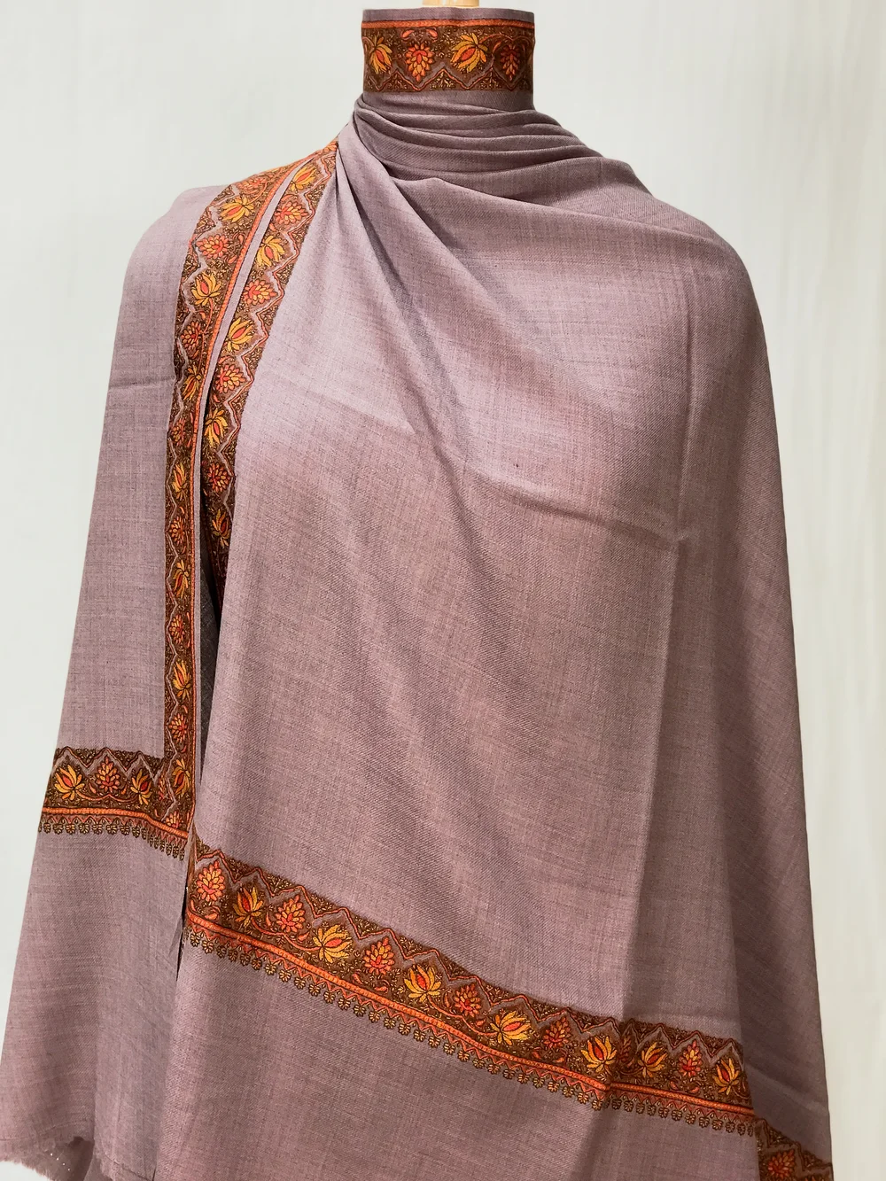 Purple Soft Fine Wool Shawl with Sozni Machine Embroidery front
