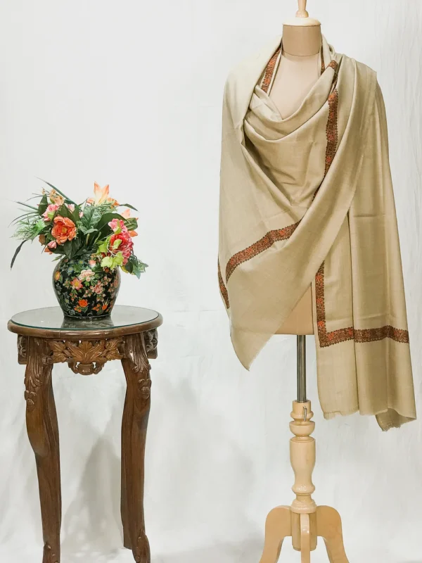 Fawn Soft Fine Wool Shawl with Sozni Machine Embroidery