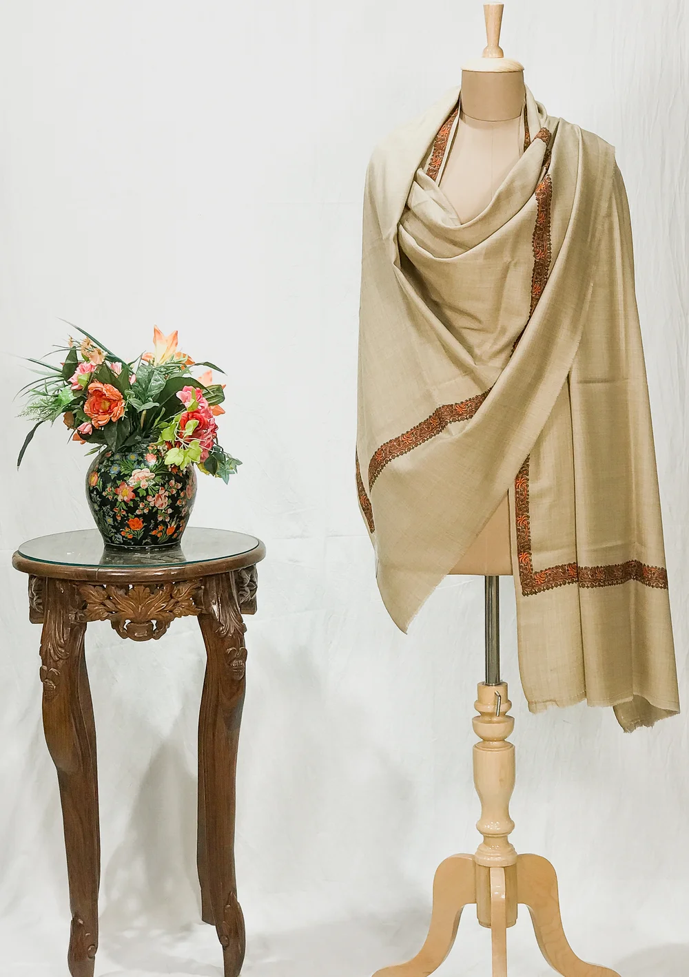 Fawn Soft Fine Wool Shawl with Sozni Machine Embroidery Fawn Soft Fine Wool Shawl with Sozni Machine Embroidery