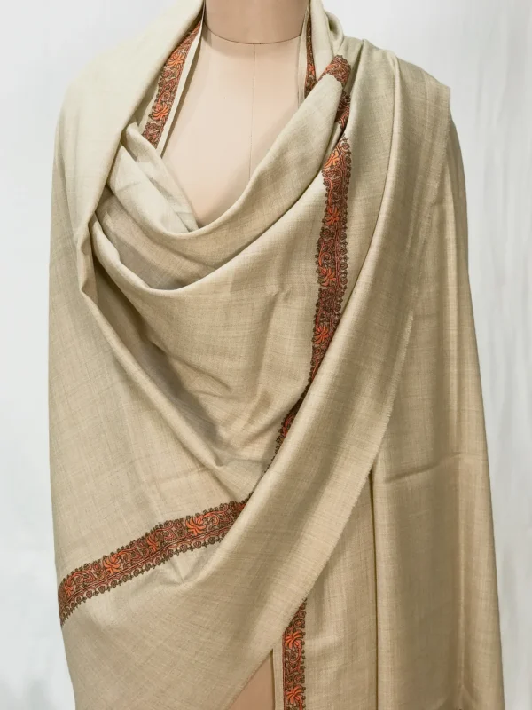 Fawn Soft Fine Wool Shawl with Sozni Machine Embroidery front
