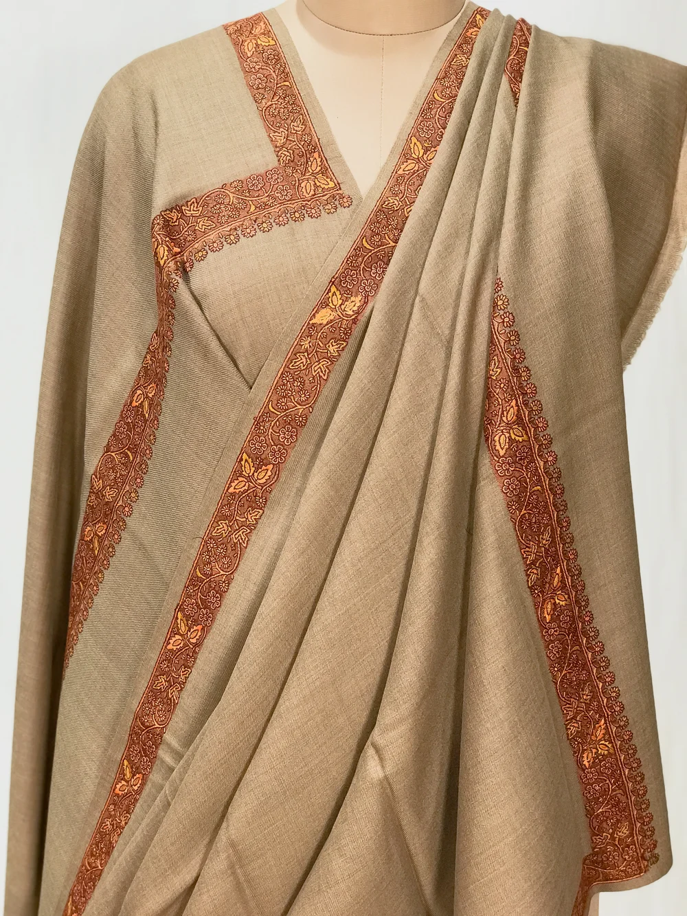 Natural Soft Fine Wool Shawl with Sozni Machine Embroidery front