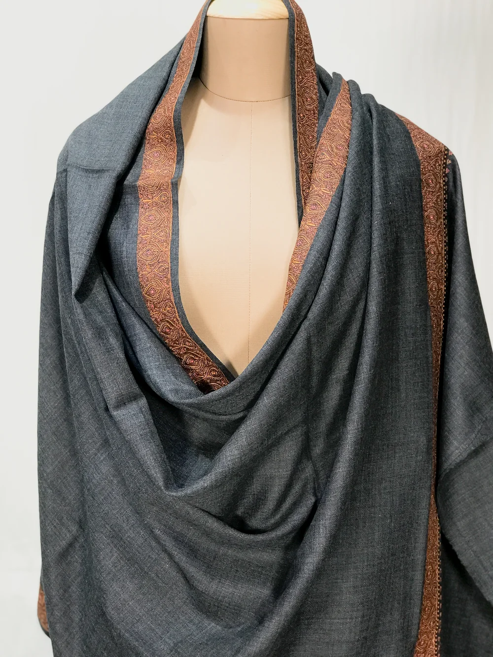 Grey Soft Fine Wool Shawl with Sozni Machine Embroidery front