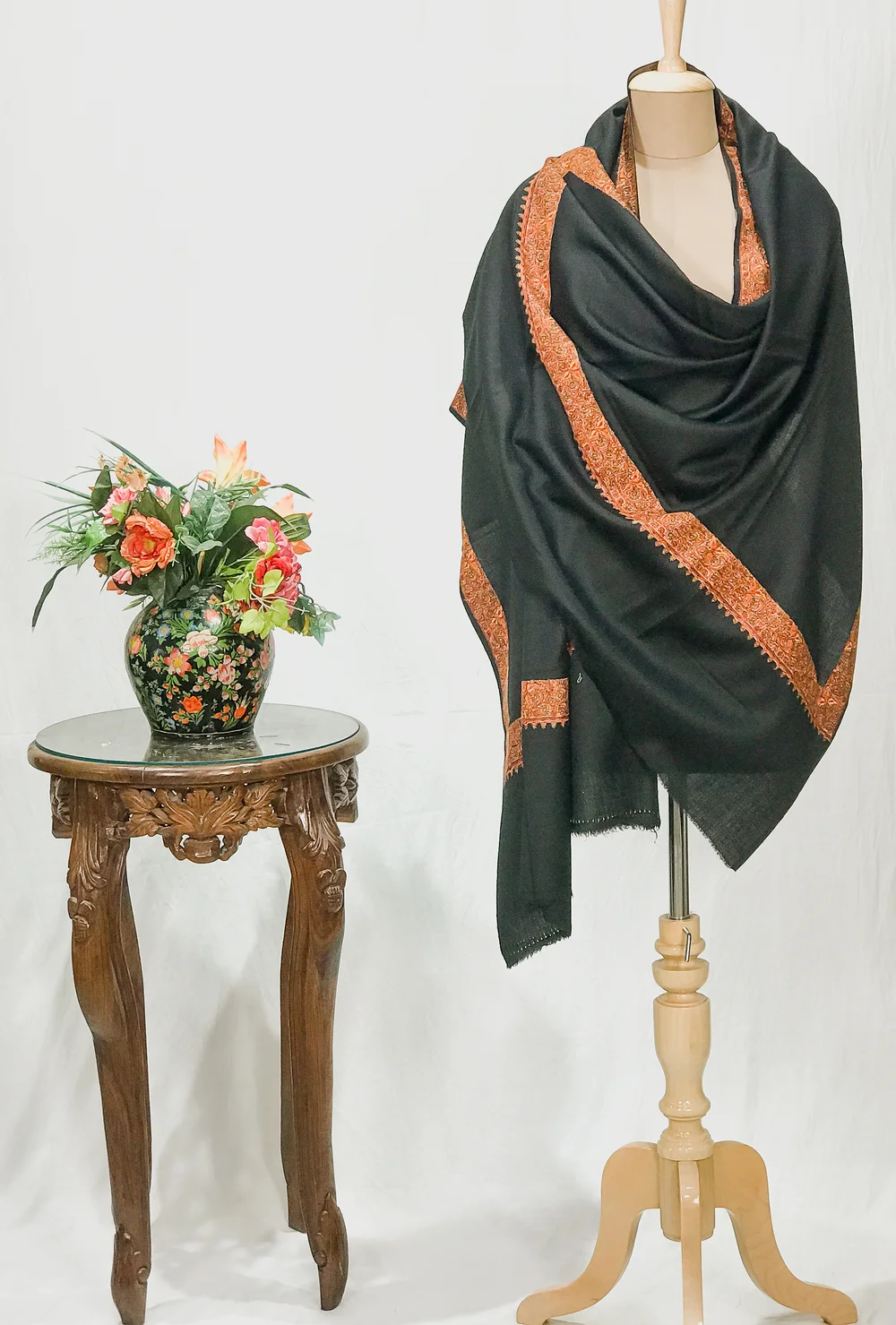 Black Soft Fine Wool Shawl with Sozni Machine Embroidery