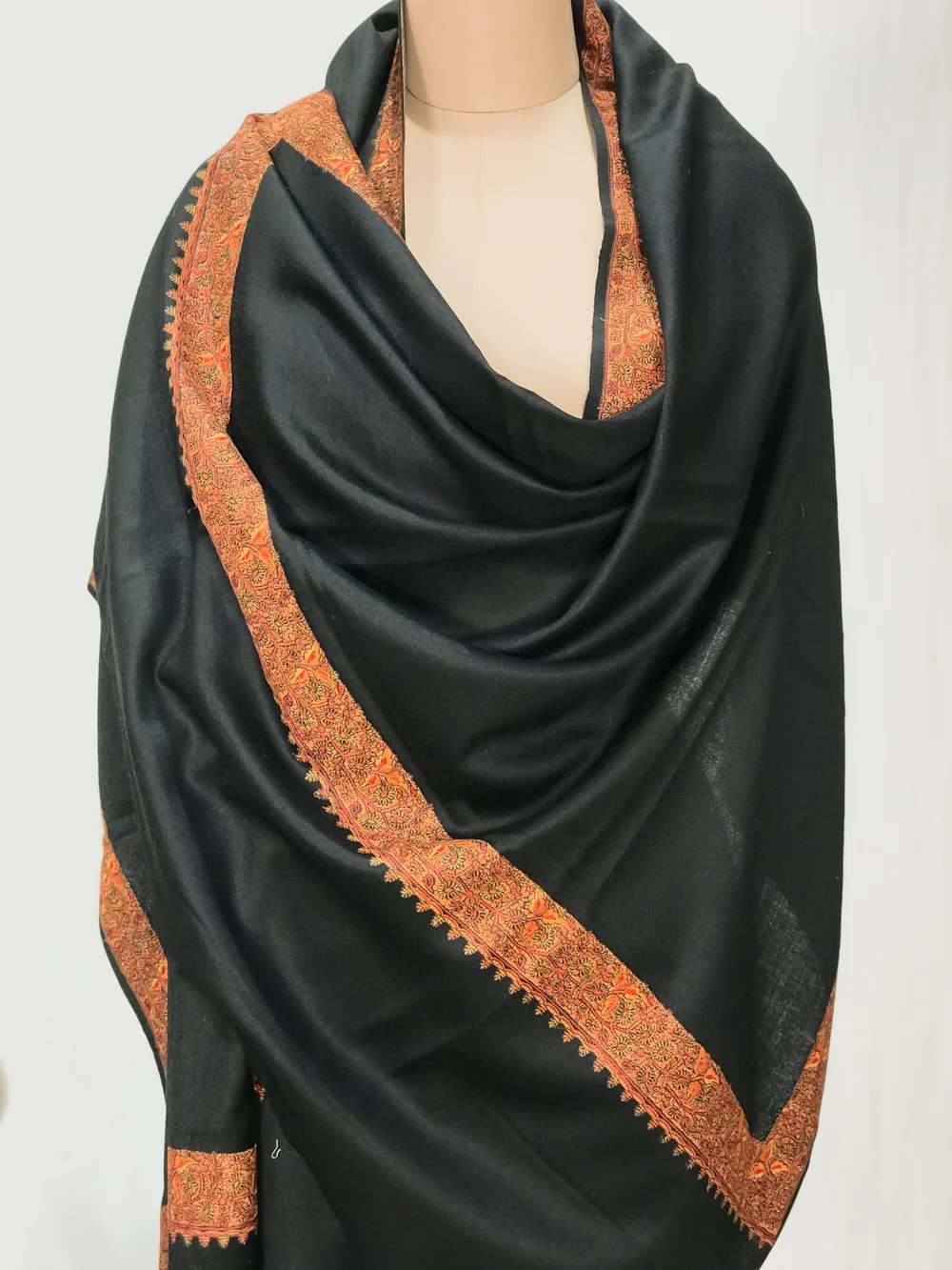Black Soft Fine Wool Shawl with Sozni Machine Embroidery front