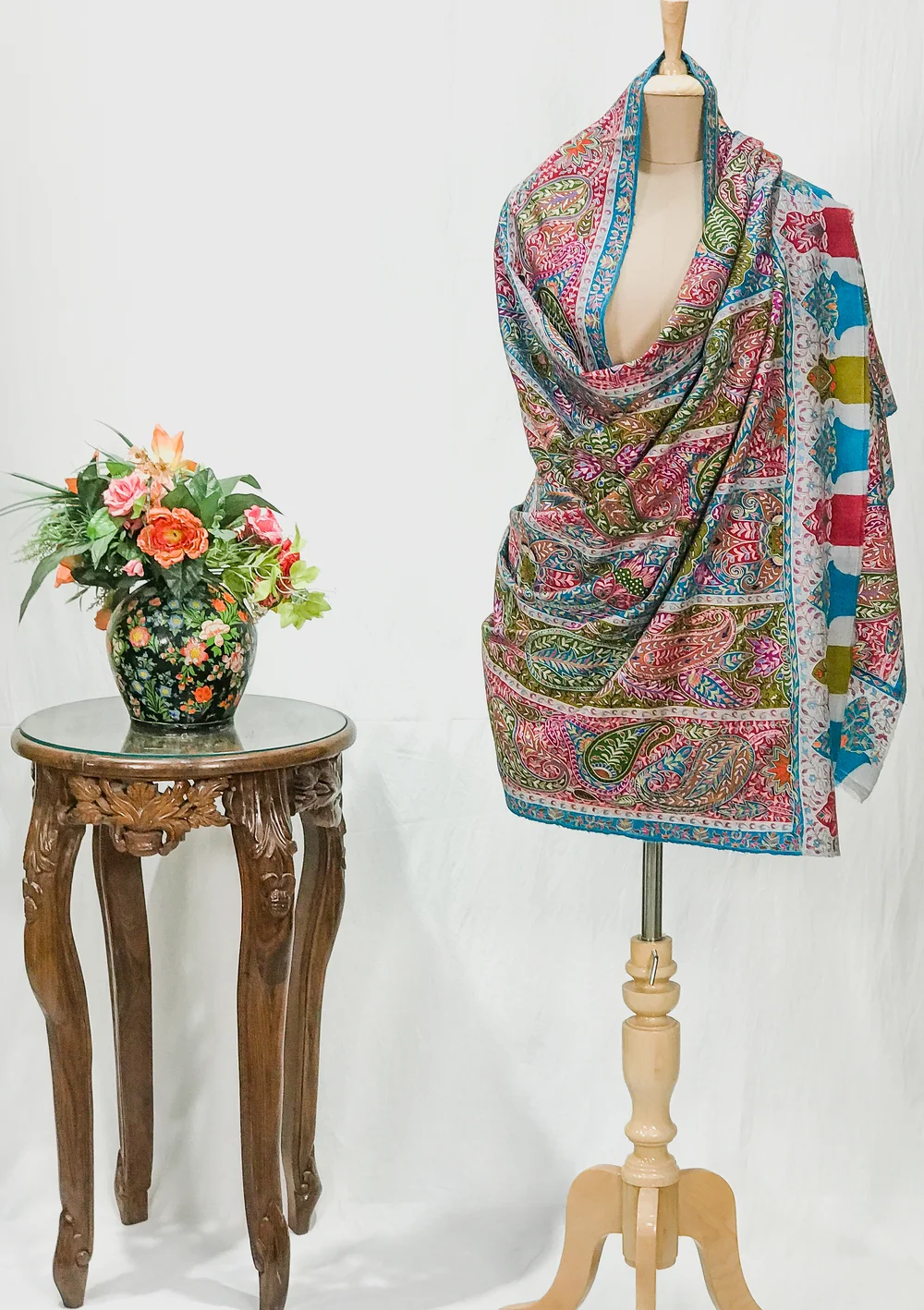 Pure Pashmina Shawl With Multi Colour Artistic Kalamkari Hand Embroidery