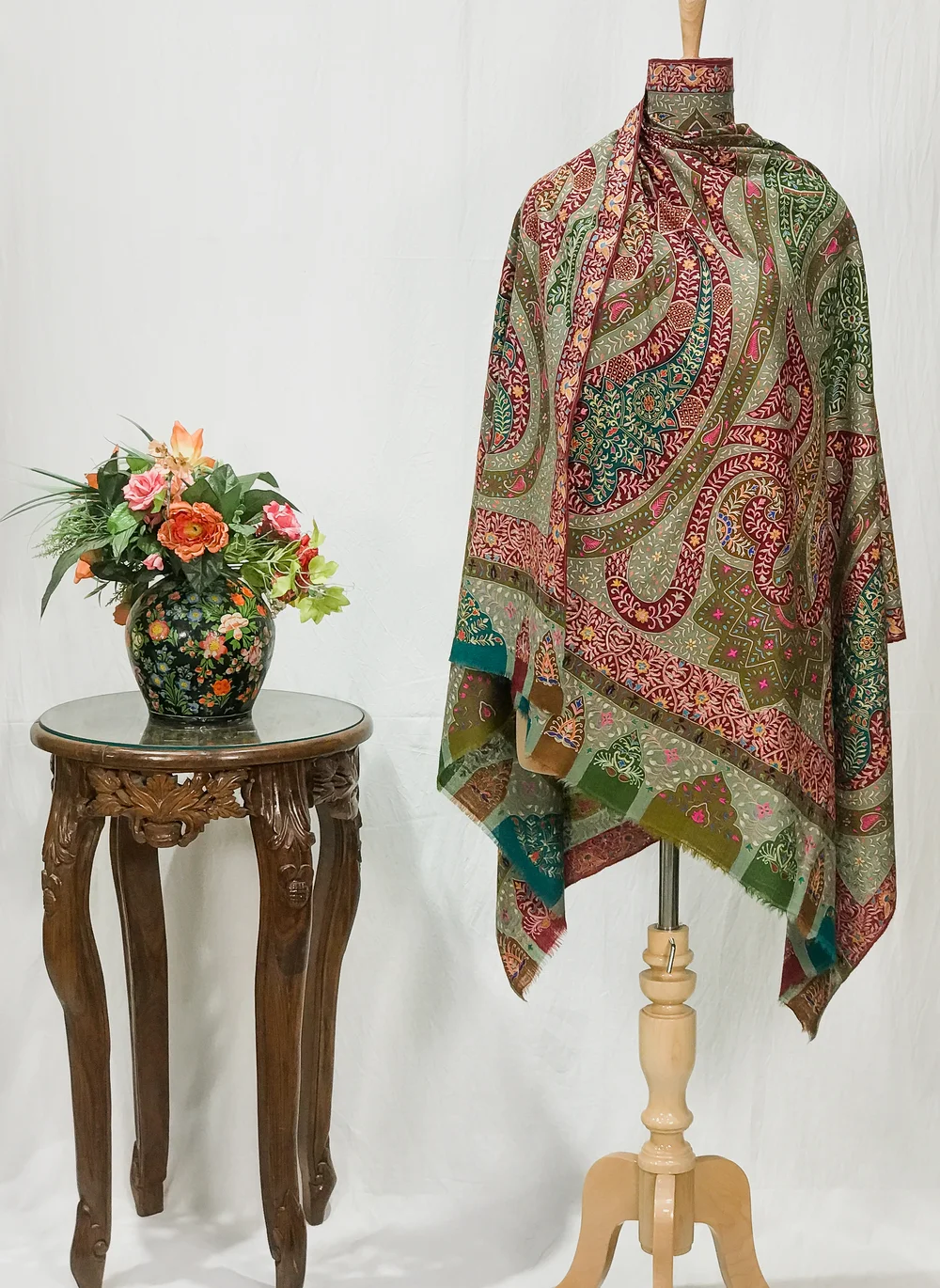 Pure Pashmina Shawl With Multi Colour Artistic Kalamkari Hand Embroidery Hand Paint