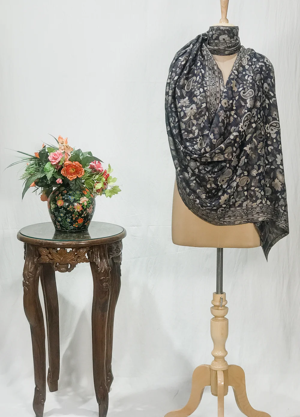 Navy Blue Pashmina Stole With Multi-Colour Kani Weaves
