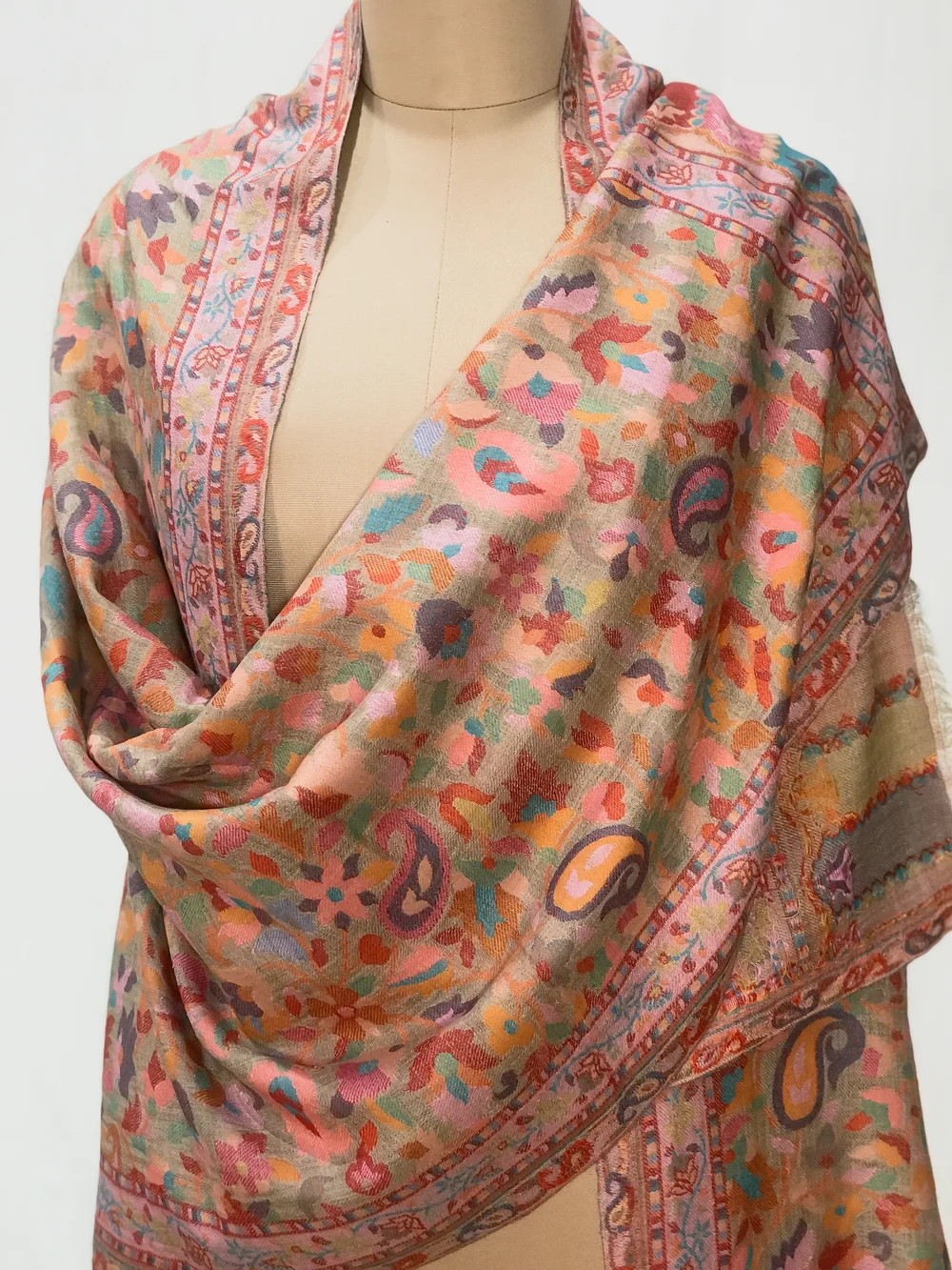 Natural Beige Pashmina Stole With Multi-Colour Kani Weaves front