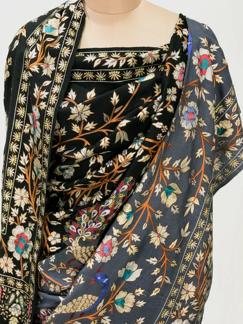 Black and Grey Pure Pashmina Ombrey Shawl With Tilla Jaal Hand Embroidery front