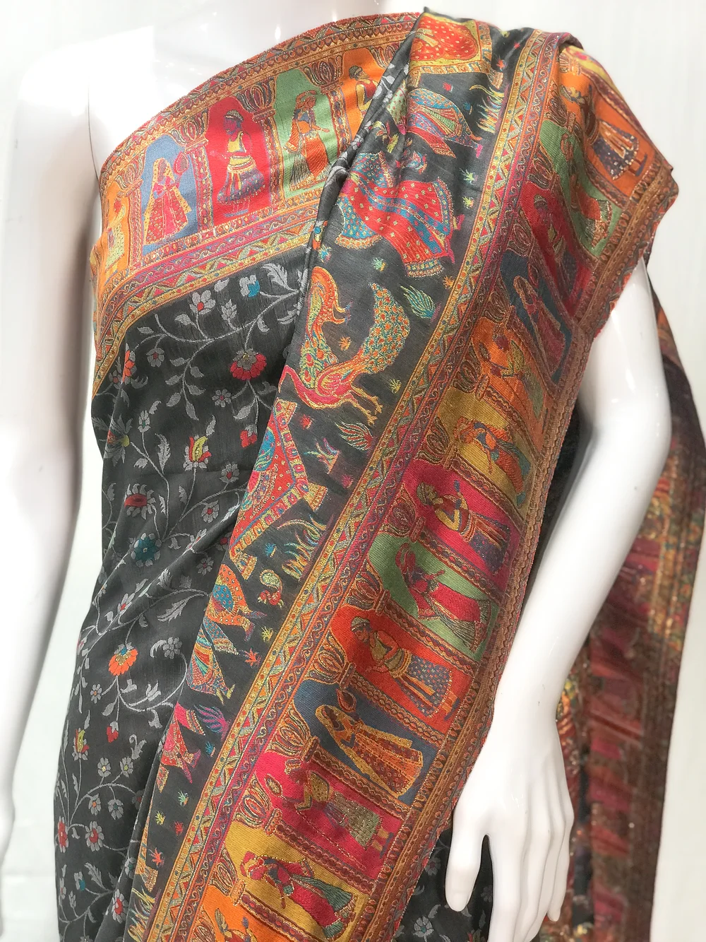 Dark Grey Modal Silk Kani Saree with Floral Design front Dark Grey Modal Silk Kani Saree with Floral Design front