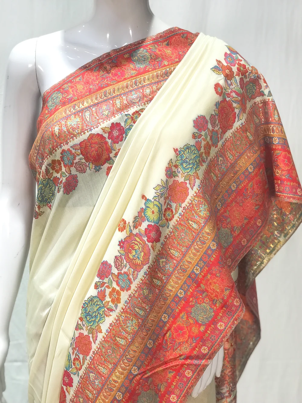 Cream Modal Silk Kani Saree with Floral Design front