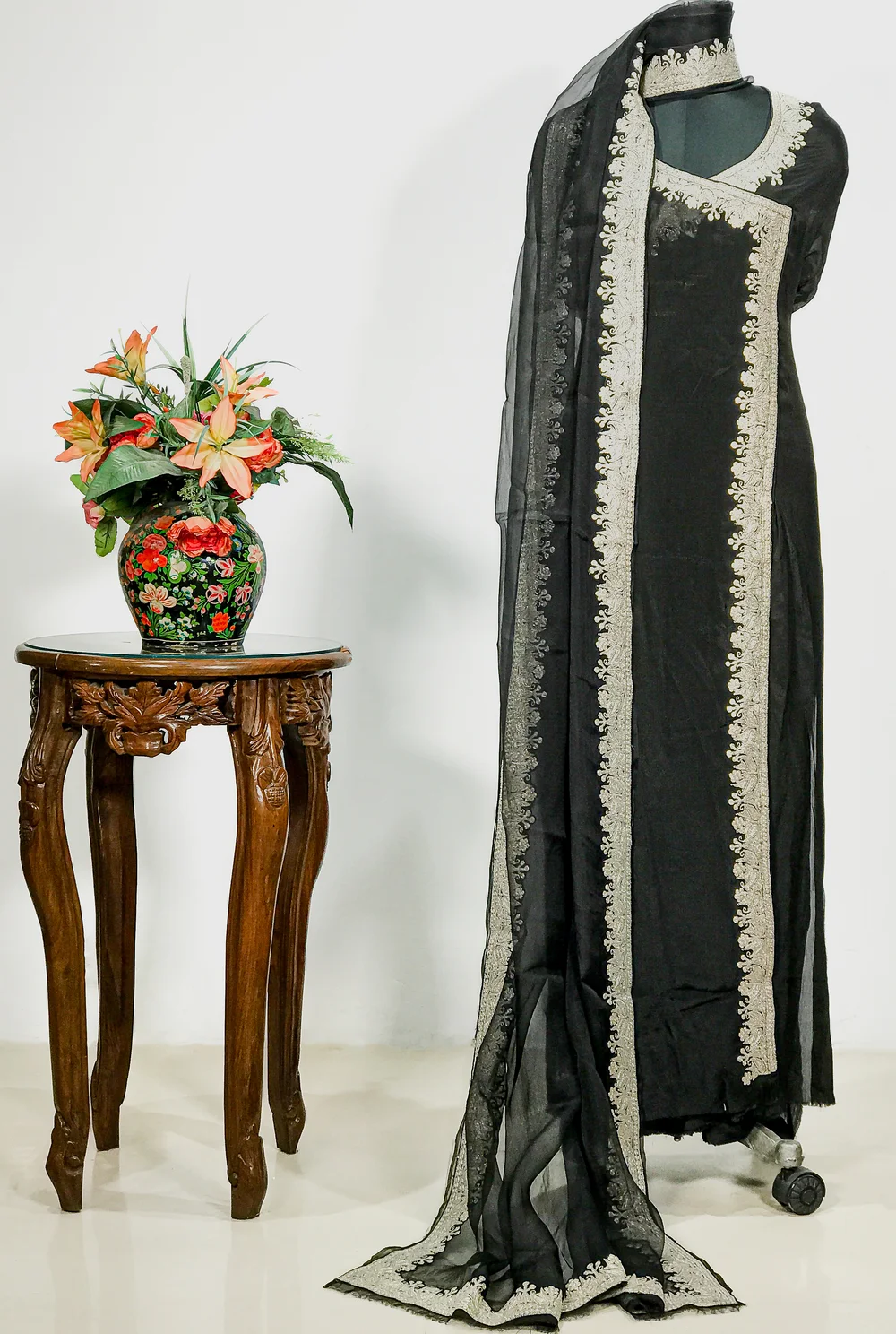 Black Chinon Angrakha Style Suit with Organza Dupatta