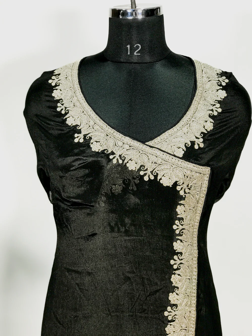 Black Chinon Angrakha Style Suit with Organza Dupatta front