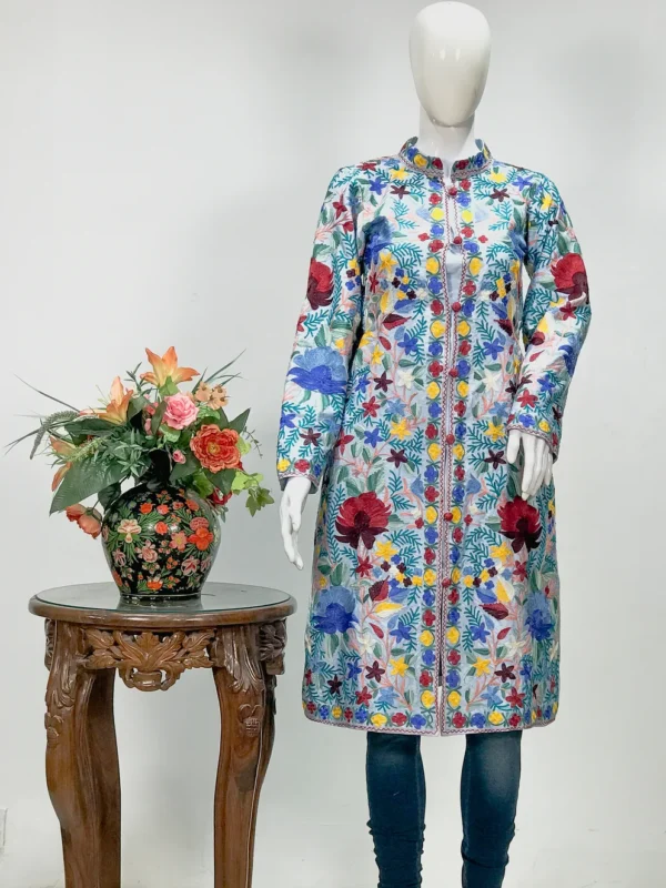 Powder Blue Kashmiri Aari Embroidered Long Coat