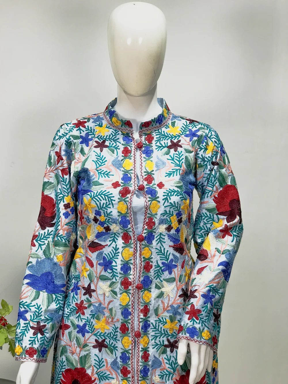 Powder Blue Kashmiri Aari Embroidered Long Coat front Powder Blue Kashmiri Aari Embroidered Long Coat front