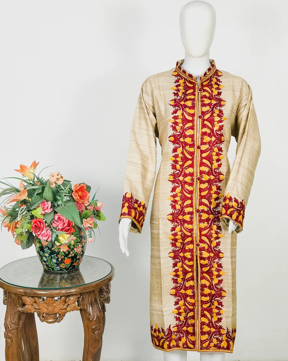 Beige Khadi Silk Kashmiri Aari Embroidered Long Coat