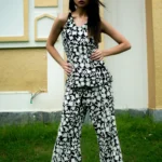 Black Floral Embroidered Camisole Top with Flared Pants