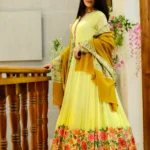 Yellow Long Flared Dress with Aari, Cut Daana and Dabka Kashmiri Embroidery