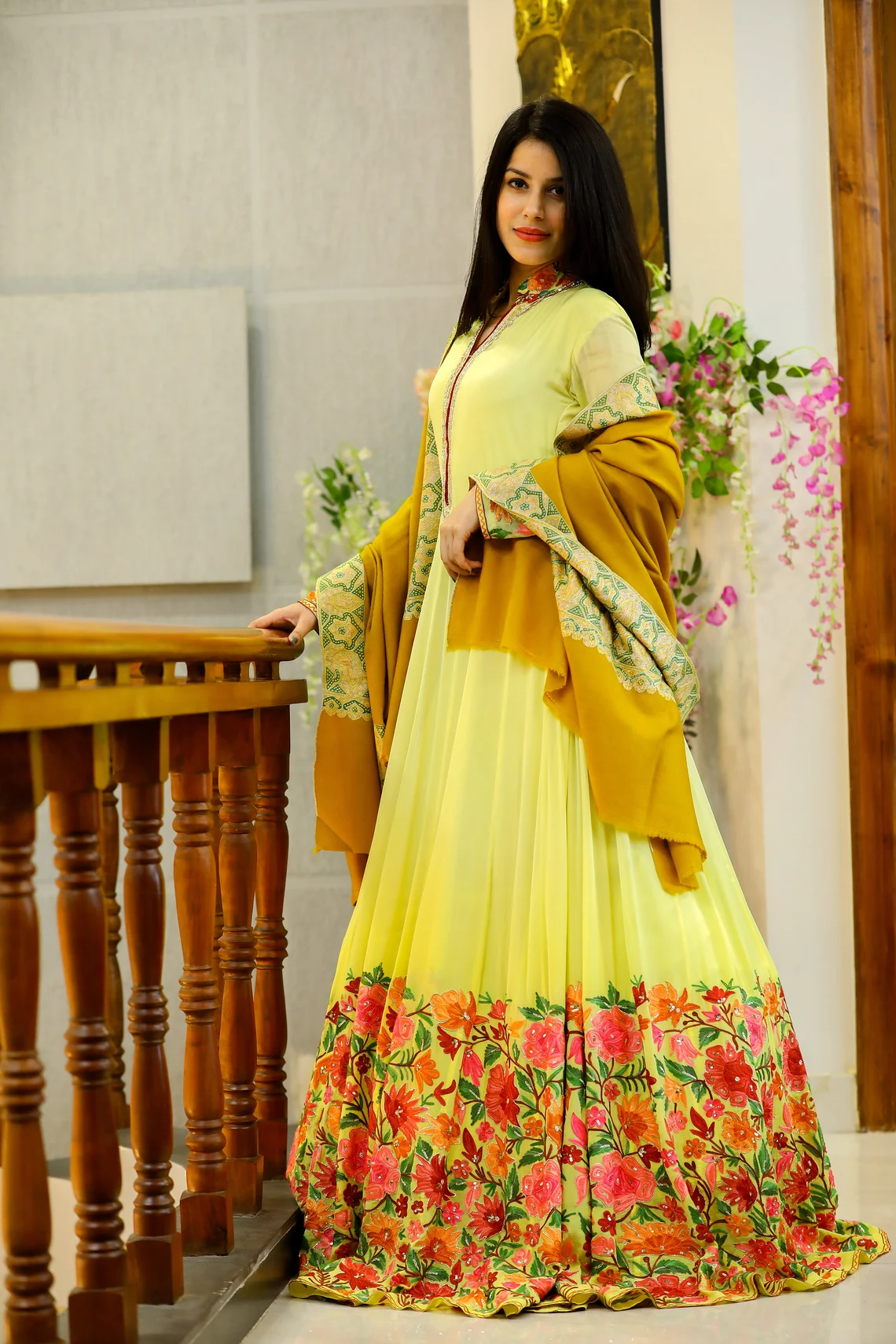 Yellow Long Flared Dress with Aari, Cut Daana and Dabka Kashmiri Embroidery Yellow Long Flared Dress with Aari, Cut Daana and Dabka Kashmiri Embroidery
