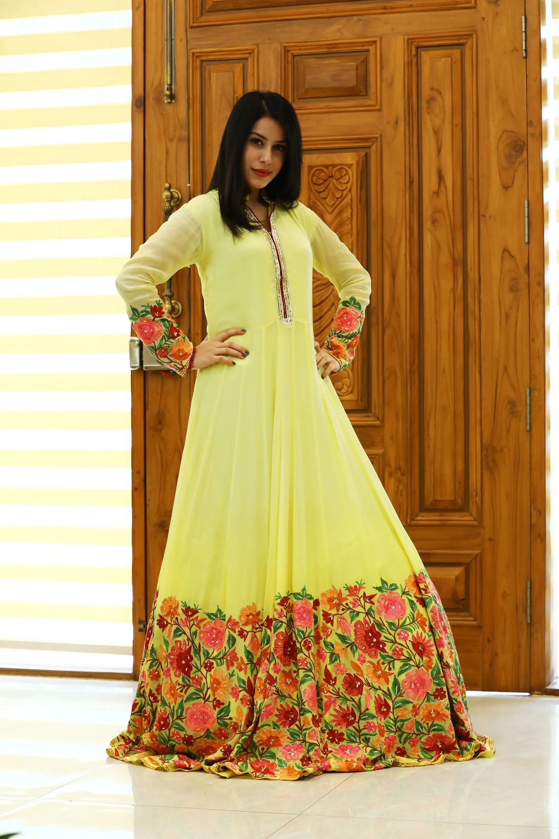 Yellow Long Flared Dress with Aari, Cut Daana and Dabka Kashmiri Embroidery front Yellow Long Flared Dress with Aari, Cut Daana and Dabka Kashmiri Embroidery front