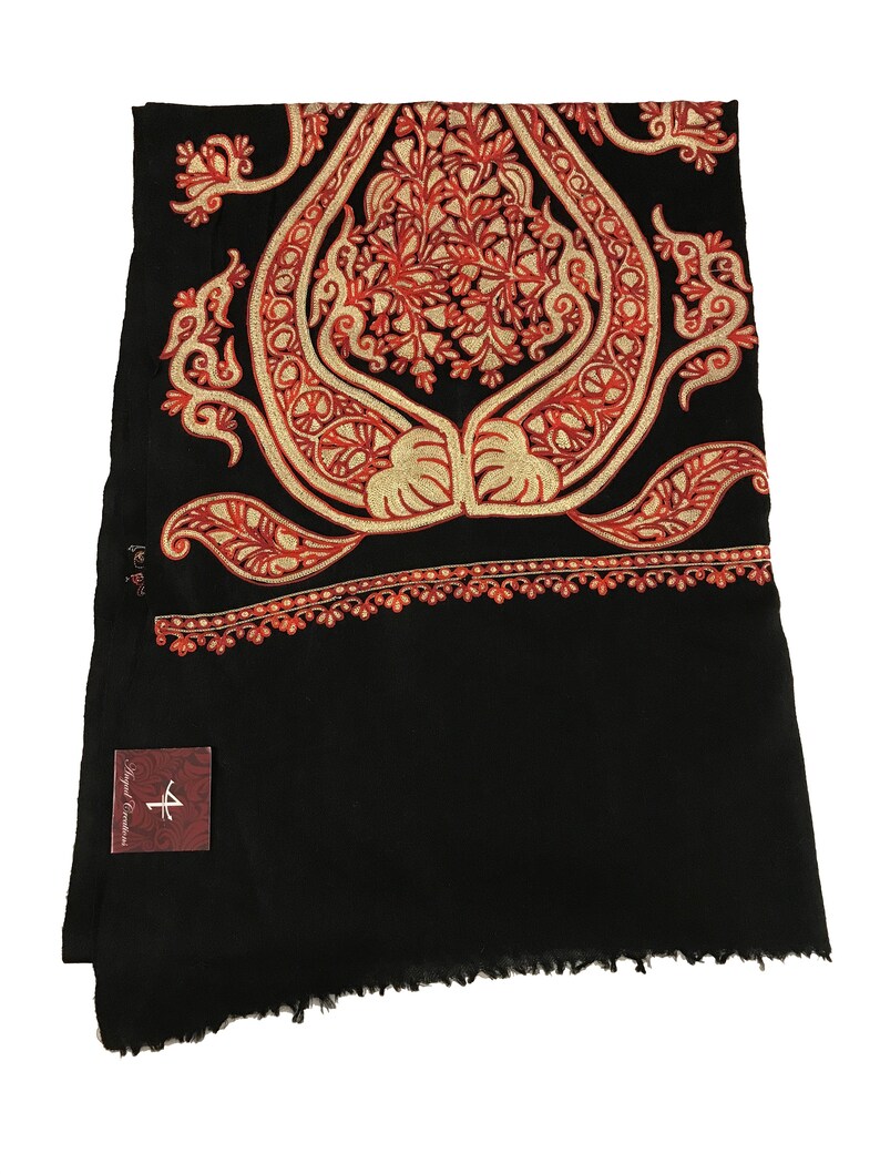 Black Pure Wool Stole with Zari and Thread Fusion Embroidery front Black Pure Wool Stole with Zari and Thread Fusion Embroidery front