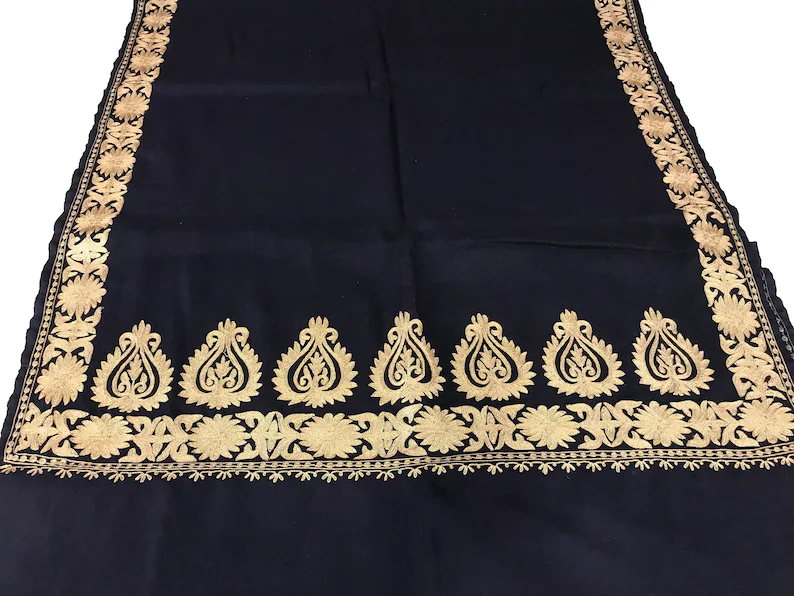 Navy Blue Pure Wool Stole with Zari Embroidery