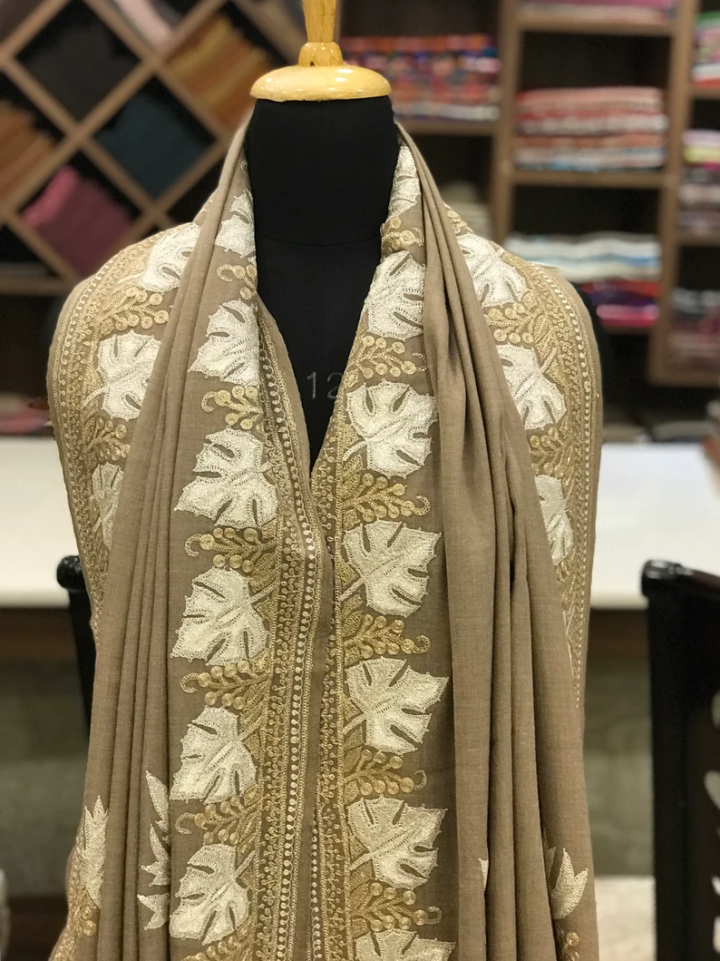 Beige Pure Pashmina Shawl With Tilla Embroidery front