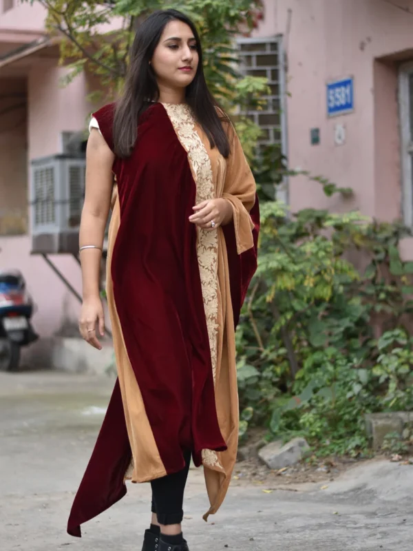 Maroon and Beige Velvet Kaftan Dress with Kashmiri Tilla Embroidery