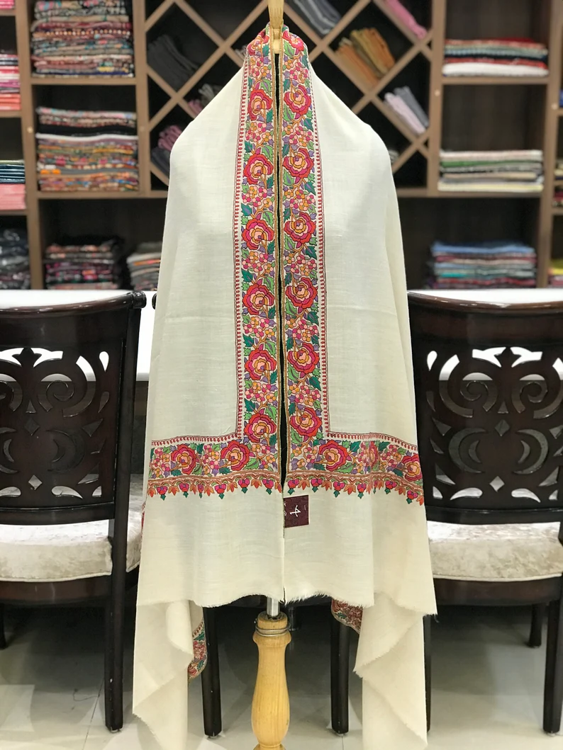 Off-White Pure Pashmina Shawl With Papier Mache Border Design