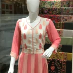Pink and White Chinon Long Flared Dress with Kashmiri Aari Embroidery front