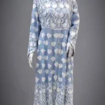 Powder Blue Flared Dress with Tulip Pattern Kashida Aari Embroidery Front