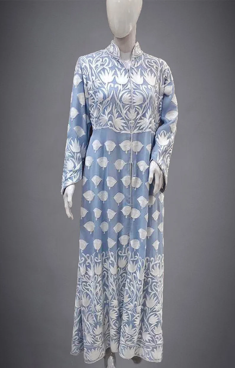 Powder Blue Flared Dress with Tulip Pattern Kashida Aari Embroidery Front Powder Blue Flared Dress with Tulip Pattern Kashida Aari Embroidery Front