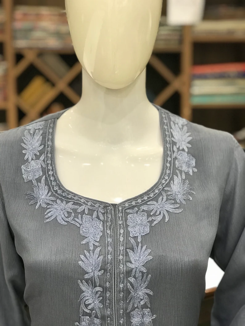 Grey and Red Silk Thread Aari Embroidered Kashmiri Dress front Grey and Red Silk Thread Aari Embroidered Kashmiri Dress front